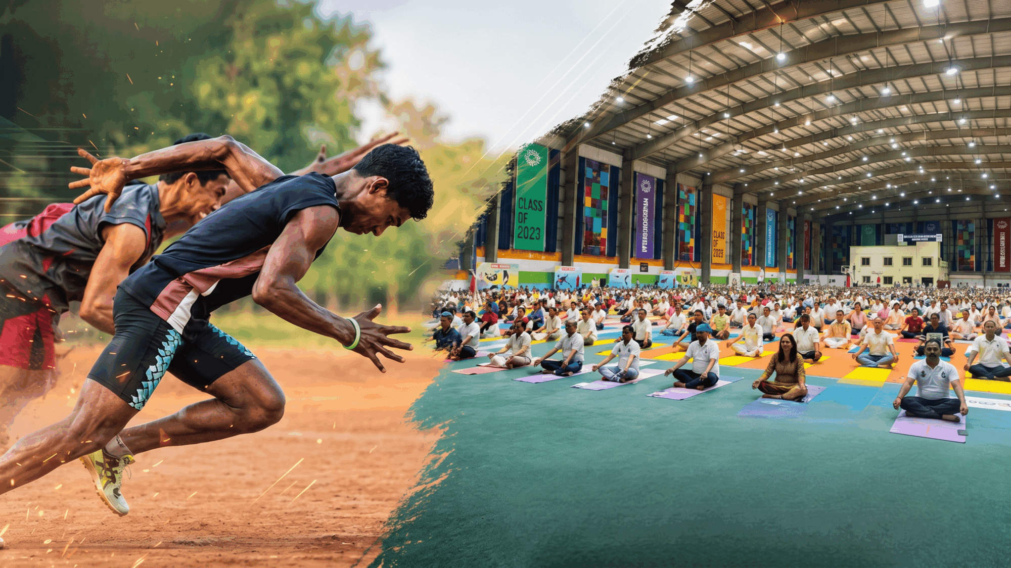 Athletes on the track and students practising yoga at KIIT School of Sports and Yogic Sciences