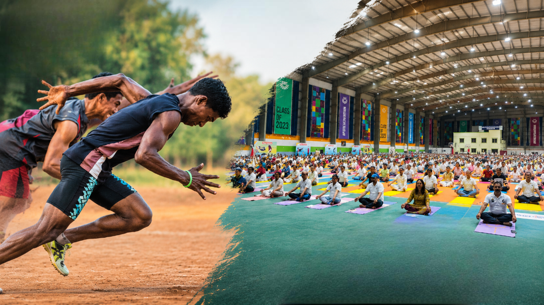 Athletes on the track and students practising yoga at KIIT School of Sports and Yogic Sciences